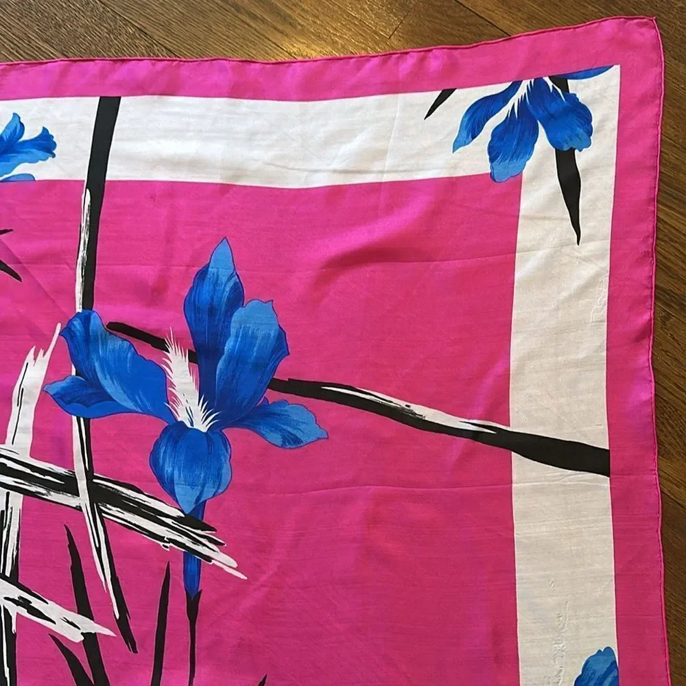 Lovely vintage bright‎ pink, white & black large scarf with blue irises